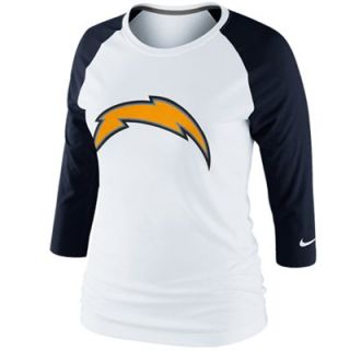 Nike San Diego Chargers Ladies Raglan Three Quarter Sleeve Tri Blend T Shirt   White/Navy Blue