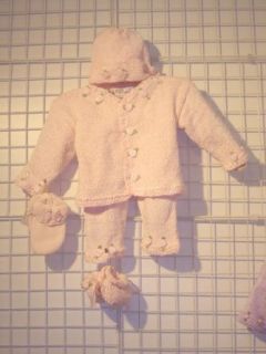 Cpk81bm, Knitted on Hand Knitting Machine Then Finished By Hand Crochet Infant Girls Outfit, Containing Baby Pink Chenille Cardigan Sweater, pant, Hat, Booty, Mitten Set Trimmed with Satin Rosebuds Infant And Toddler Pants Clothing Sets Clothing