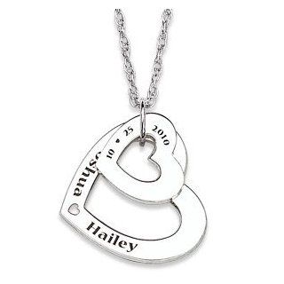 Sterling Silver Couples Engraved Name & Date Hearts Necklace Jewelry