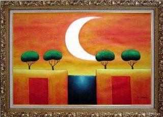 Four Modern Green Trees in Moonlight Large Oil Painting, with Ornate Gold Wood Frame 30x42 Inch  
