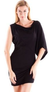 Clothes Effect Black Ladies One Long Draped Sleeve Boat Neck Dress