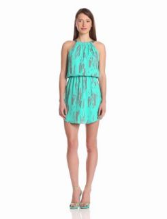 eight sixty Women's Print Faux Leather Halter Dress, Lagoon/Grey, Small