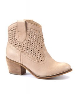 Cream Leather Woven Western Ankle Boots
