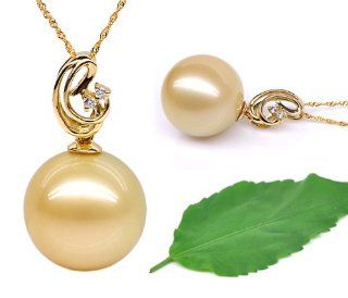 Collection Extra Large Cultured South Pacific Golden Pearl (13mm 14mm) with Designed Inlaid Diamonds Drop Pendant. This South Pacific Cultured Pearl Pendant Features a Designed Diamond Accents. The Brilliance of Diamonds Are Prong Set in a 18K Gold Setting