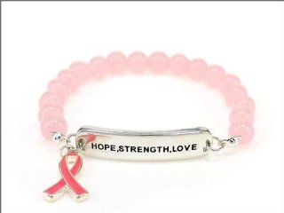 Silvertone Breast Cancer Support "Hope, Strength, Love" Stretch Bracelet W/Pink Ribbon Charm 