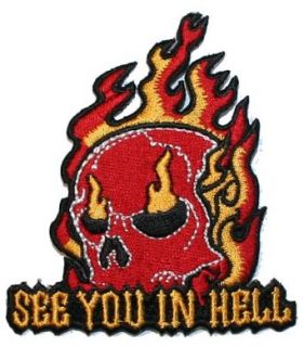 See you in Hell Devil Skull in Flames Embroidered iron on Patch Clothing