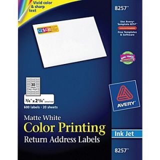 Avery 8257 Color Printing Matte White Inkjet Return Address Labels, 3/4 x 2 1/4, 600/Box