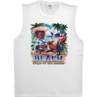 MENS SHOOTER (SLEEVELESS) T SHIRT  WHITE   LARGE   What Happens At The Beach Stays At The Beach   Top Dawg Shirts Vacation Clothing