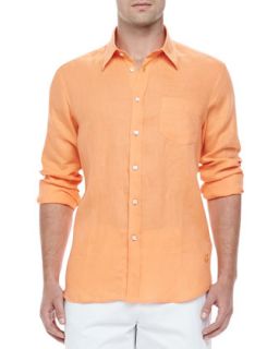 Mens Long Sleeve Button Up Linen Shirt, Tangerine   Vilebrequin   Tangerine (X 