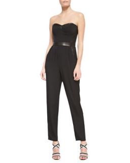 Womens Strapless Bustier Leather Trim Stretch Silk Jumpsuit   Milly   Black (4)