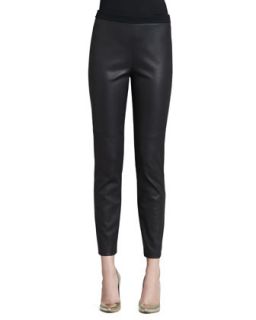 Womens Luxe Leather Front Knit Back Pants, Caviar   St. John Collection  