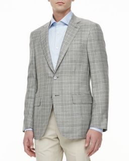 Mens Plaid Two Button Jacket, Gray   Isaia   Gray (39/40S)