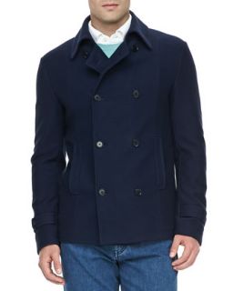 Mens Cotton/Cashmere Pea Coat, Navy   Loro Piana   Navy (XL)