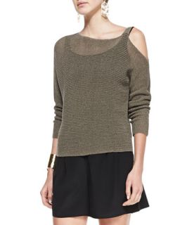 Womens Ribbed Linen Cold Shoulder Top   Eileen Fisher   Olive (XL (18))