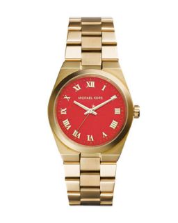 Mid Size Golden Stainless Steel Channing Three Hand Watch   Michael Kors   Gold