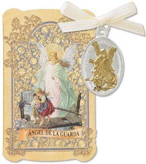Catholic Christian Gift Prayer Folder with Spanish Angel de la Guarda Guardian Angel Tu Tone Gold Tone Charm Medal Pendant Jewelry