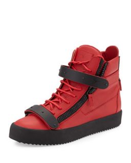 Mens Matte Leather High Top Sneaker, Red   Giuseppe Zanotti   Red (45/12.0D)