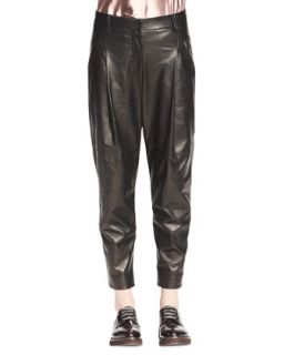 Womens Pleated Leather Ankle Pants   Brunello Cucinelli   Black (40/4)