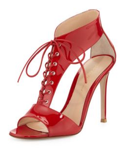 T Strap Patent Lace Up Sandal, Red   Gianvito Rossi   Red (38.0B/8.0B)