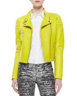 Womens Neon Leather Zip Biker Jacket, Lime Green   McQ Alexander McQueen  