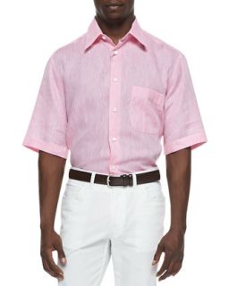 Mens Short Sleeve Button Down Linen Shirt, Coral   Brioni   Pink (LARGE)