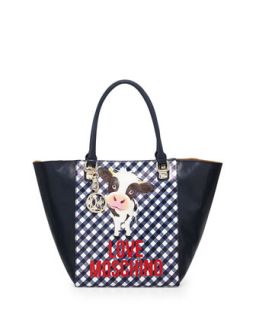 Cow Gingham Print Faux Leather Tote Bag, Blue   Love Moschino