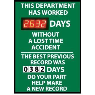 NMC DSB61 Digital Scoreboard, "This Department Has Worked XXXX Days Without A Lost Time Accident   The Best Previous Record Was XXXX Days" 20" Width X 28" Height, 0.085 Polystyrene Industrial Warning Signs