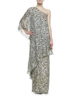 Womens One Shoulder Leopard Print Caftan Gown   Notte by Marchesa   Leopard