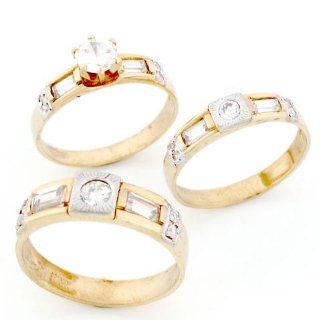 10k Gold His & Hers Trio 3 Piece CZ Wedding Ring Sets Jewelry