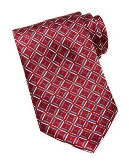 Mens Geometric Diamond Print Silk Tie, Red   Brioni   Red