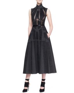 Womens Sleeveless Artisan Applique Dress, Charcoal Gray   Donna Karan  