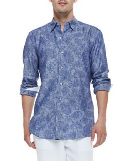 Mens Paisley Print Linen Shirt, Blue   Ermenegildo Zegna   Blue (MEDIUM)