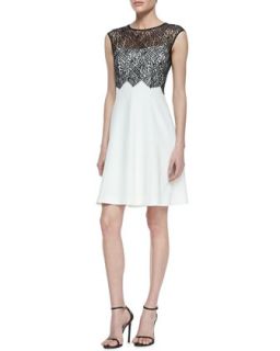 Womens Lace Bodice Overlay Cocktail Dress, Black/White   Kay Unger New York  