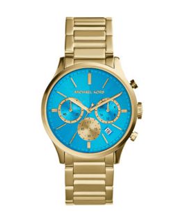Mid Size Golden/Blue Stainless Steel Bailey Chronograph Watch   Michael Kors  