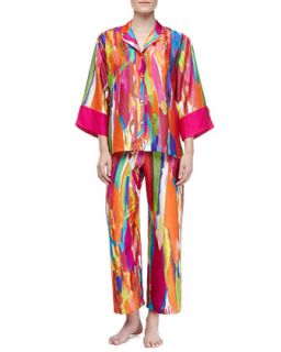 Palau Satin Georgette Paint Print Pajama Set, Womens   Natori   Multi (1X (14W 