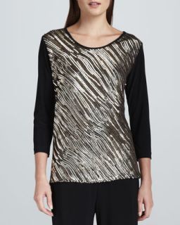 Womens Sequined Mix Easy Top, Petite   Caroline Rose   Black/Mlt (gold) (PM