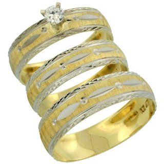 10k Gold 3 Piece Trio Diamond Wedding Ring Set Him & Her 0.10 ct Rhodium Accent Diamond cut Pattern , Ladies Sizes 5   10 & Men's Sizes 8   14 Jewelry