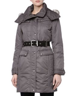Womens Passion Weather System Belted Coat, Carbon   Andrew Marc   Carbon
