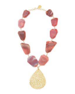 Porous Gold Plated Teardrop & Pink Agate Necklace   Devon Leigh   Gold