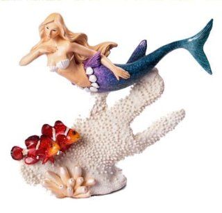 Mermaid and Clown Fish on Coral Figurine Cast Resin 8 3/4"L Nautical Tropical Home Decor   Collectible Figurines