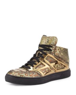 Mens Iridescent Leopard Print High Top Sneaker, Gold   Alejandro Ingelmo  