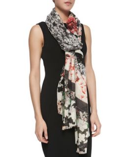 Floral/Lace Patchwork Scarf, Black/Coral   Roberto Cavalli   Black/Coral (ONE