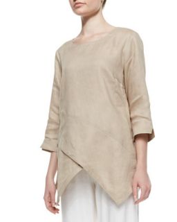 Womens Linen Asymmetric Long Tunic, Petite   Go Silk   Sesame (PL/12 14)