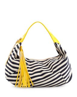 Striped Herringbone Canvas Contrast Hobo Bag, Navy/Yellow   POVERTY FLATS by