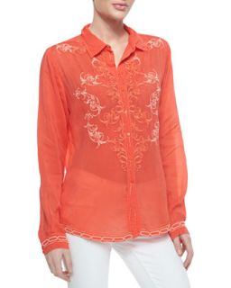 Womens Taj Embroidered Long Sleeve Blouse   Johnny Was Collection   Papaya (X 