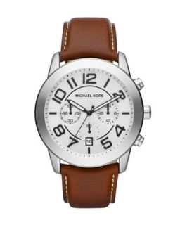 Oversize Brown Leather Mercer Chronograph Watch   Michael Kors   Brown