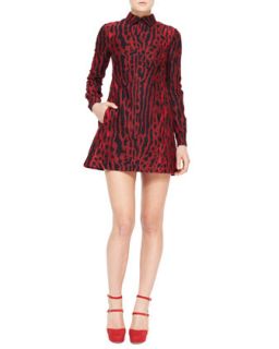 Womens Ocelot Print Collared Long Sleeve Dress, Red   Valentino   Red (10)