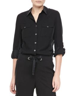 Womens Silk Safari Shirt, Petite   Go Silk   Black (PP/0 2)