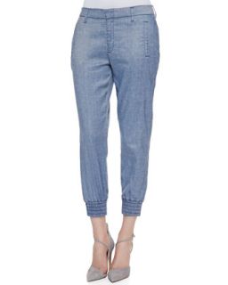 Womens Draped Ankle Pants with Smocked Hem, Chambray   7 For All Mankind   Lt