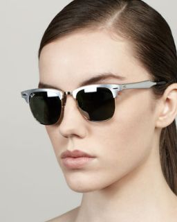 Mirrored Lens Metal Clubmaster Sunglasses, Silver   Ray Ban   Silver